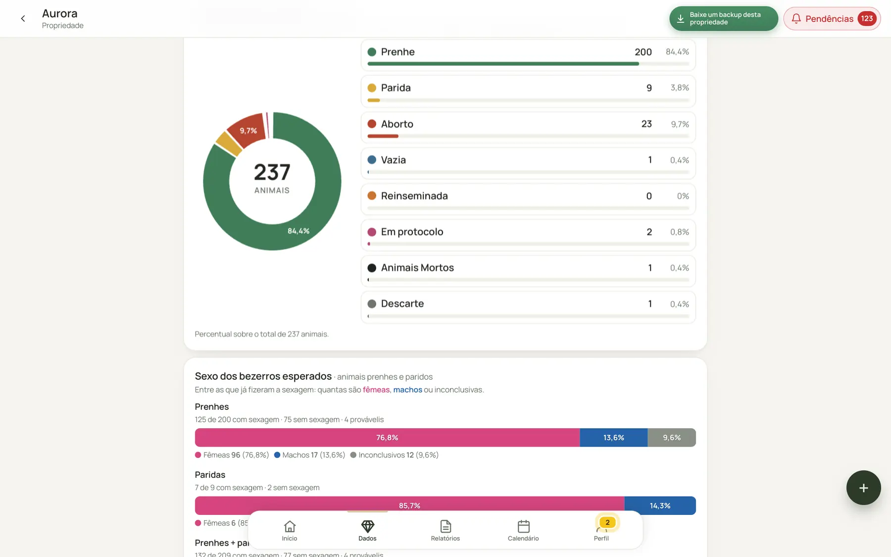 Painel do app no computador, com gráficos do rebanho