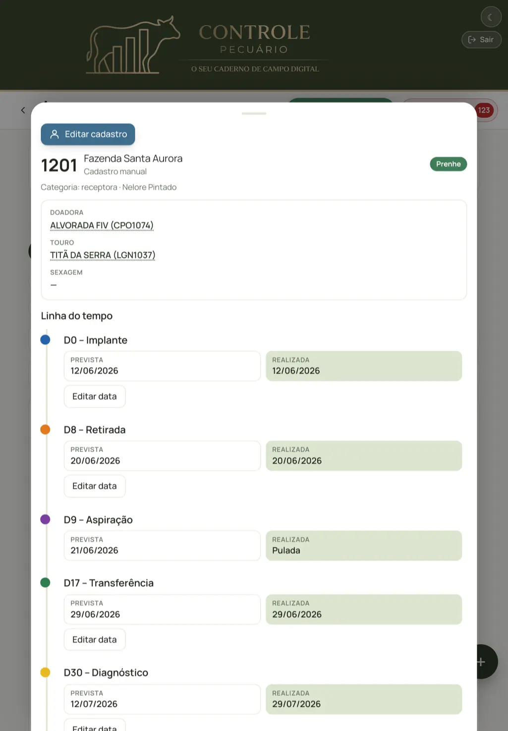 Ficha de um animal com linha do tempo, no iPad